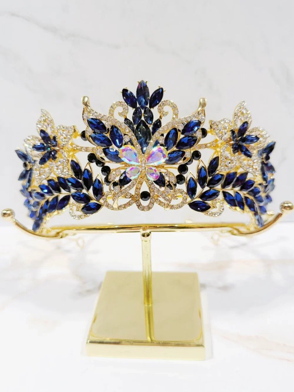 Navy Blue Crystal Butterfly Tiara Crown Gold Tone Pageant Prom Wedding Headpiece